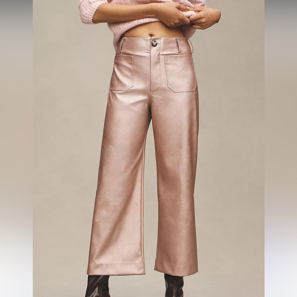 Anthropologie Maeve Colette Faux Leather Metallic Pink Wide Leg Pants
